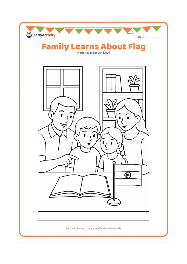 Colouring page: Draw a family gathered around a table studying an open blank book and an Indian flag displayed upright beside them. Include a parent pointing toward the flag bands, children observing…