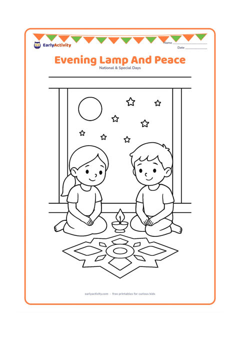 Colouring page: Draw two children sitting quietly beside a small traditional oil lamp on a veranda at dusk, with a round moon and stars above. Add a simple rangoli made from geometric shapes, with no…