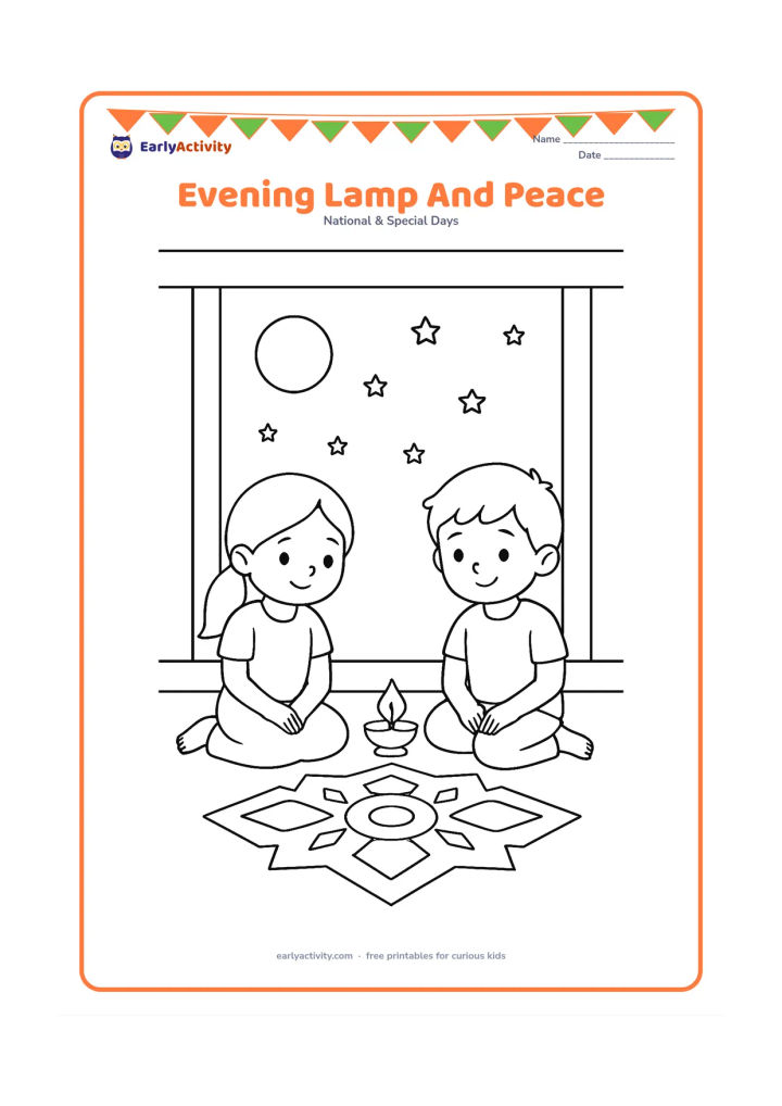 Colouring page: Draw two children sitting quietly beside a small traditional oil lamp on a veranda at dusk, with a round moon and stars above. Add a simple rangoli made from geometric shapes, with no…