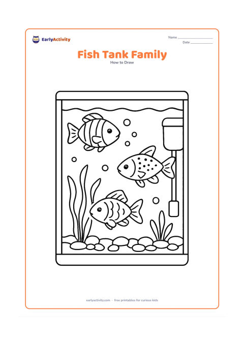 Worksheet: Show a detailed home aquarium with three different fish, each using a distinct body shape and pattern, along with aquatic plants, bubbles, smooth gravel, and a small filter shape. Keep…