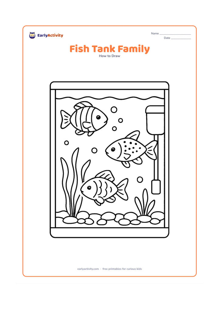 Worksheet: Show a detailed home aquarium with three different fish, each using a distinct body shape and pattern, along with aquatic plants, bubbles, smooth gravel, and a small filter shape. Keep…