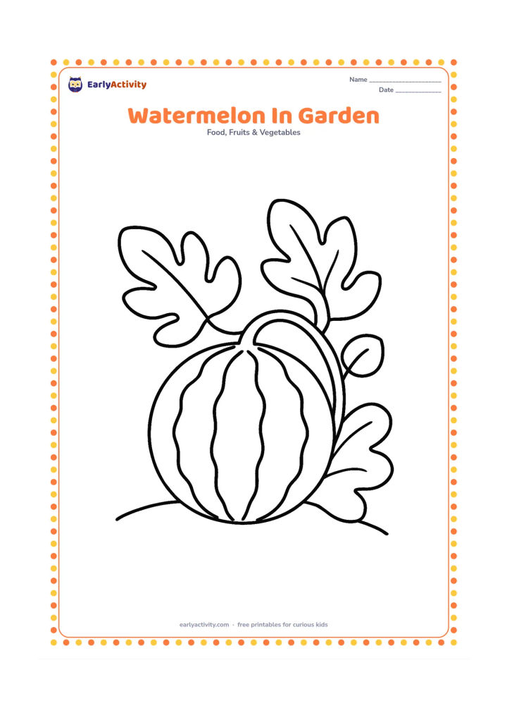 Colouring page: Draw a whole watermelon growing beside two large leaves on a short vine. Add a simple curved ground line and one broad garden leaf in the background.