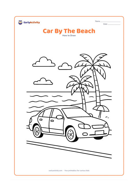 Worksheet: Show a detailed car parked beside a coastal road with a beach, waves, palm trees, a small umbrella and distant clouds. Include the car's doors, windows, mirrors, lights, wheels and an…