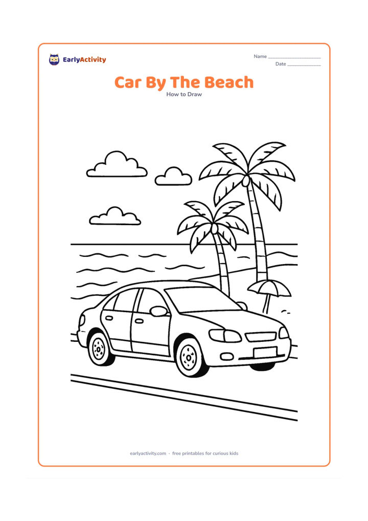 Worksheet: Show a detailed car parked beside a coastal road with a beach, waves, palm trees, a small umbrella and distant clouds. Include the car's doors, windows, mirrors, lights, wheels and an…