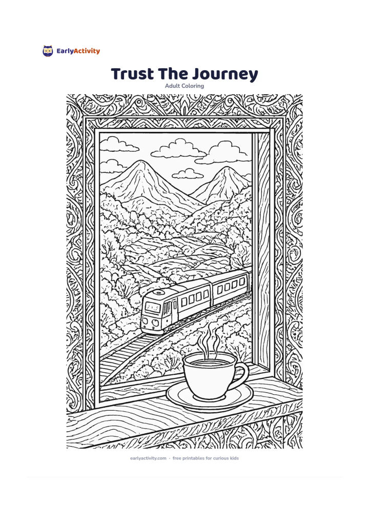 Colouring page: A train travels through a lush mountain valley toward distant peaks, seen from a passenger looking out through an open window with a cup of tea on the sill. Add clouds, terraced fields,…