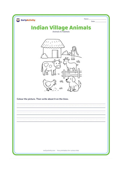 Worksheet: Draw a village scene with a cow near a thatched shed, a goat beside a fence, a hen scratching the earth and a dog near a doorway. Include a hand pump and a few simple plants in the…
