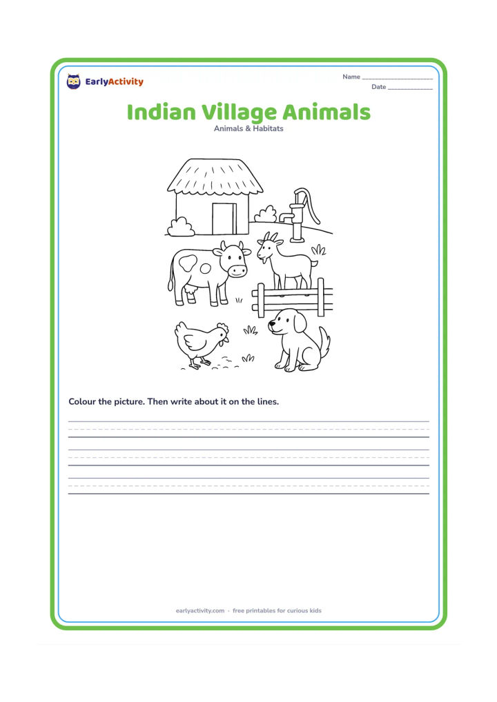 Worksheet: Draw a village scene with a cow near a thatched shed, a goat beside a fence, a hen scratching the earth and a dog near a doorway. Include a hand pump and a few simple plants in the…