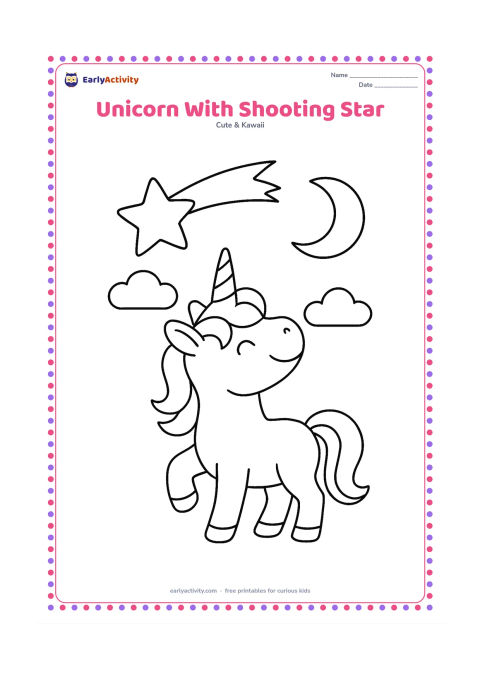 Colouring page: A joyful unicorn looks up at one large shooting star crossing a simple night sky with two clouds and a crescent moon. Use a clear full-body pose and broad empty areas.
