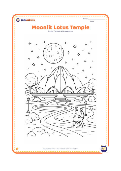 Colouring page: Show the Lotus Temple beneath a large moon and stars, with quiet pools reflecting the petals, garden trees, curved paths, lamps, and two visitors walking calmly. Keep the night scene…