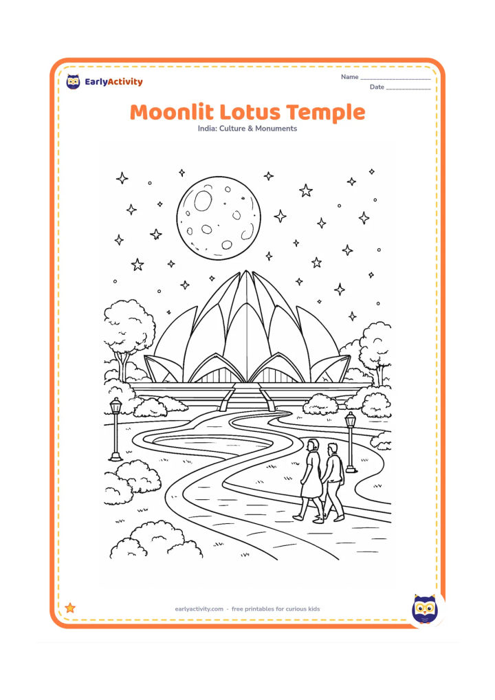 Colouring page: Show the Lotus Temple beneath a large moon and stars, with quiet pools reflecting the petals, garden trees, curved paths, lamps, and two visitors walking calmly. Keep the night scene…