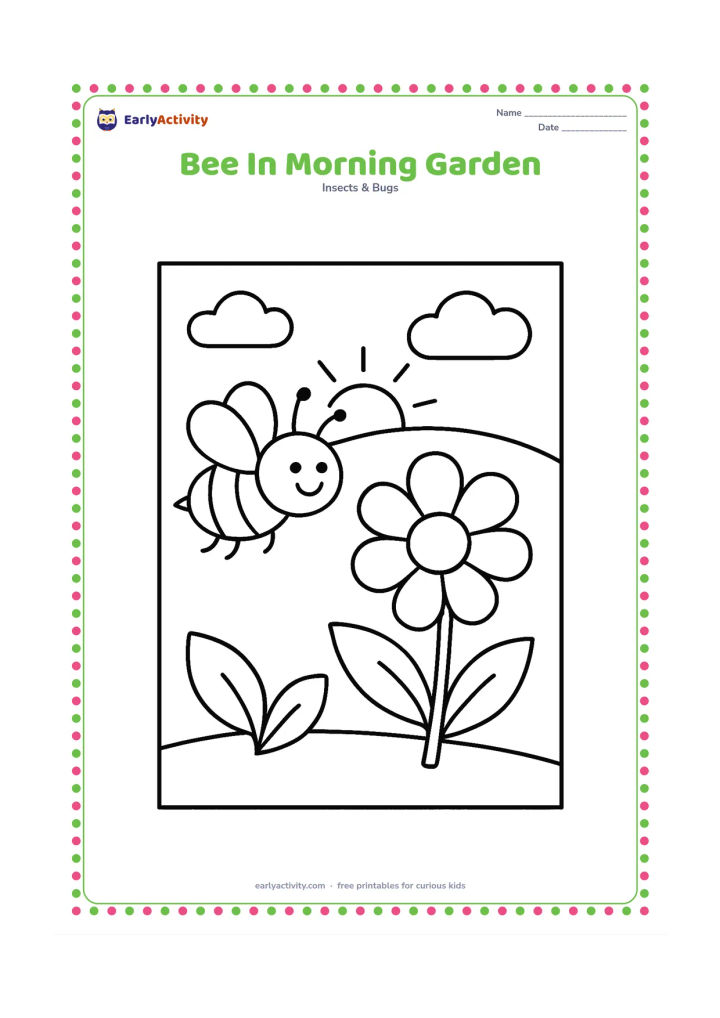 Colouring page: A bee flies toward a large open flower in a morning garden with a rising sun, two clouds and a few broad leaves. Keep the scene spacious and uncluttered.