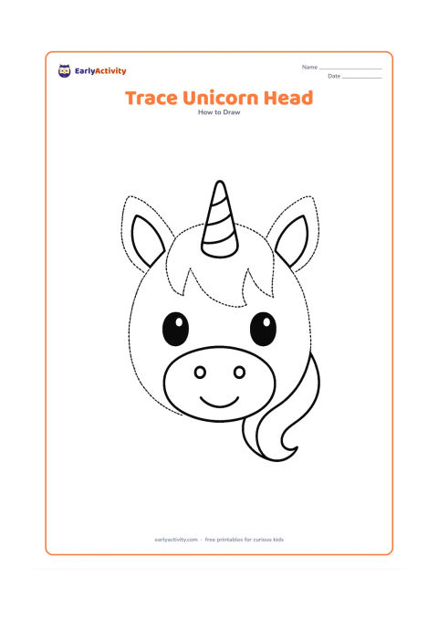 Worksheet: A large front-facing unicorn head made from very simple circles and curved outlines, with oversized ears, a small horn, two large eyes and a flowing mane. Use faint dotted tracing lines…