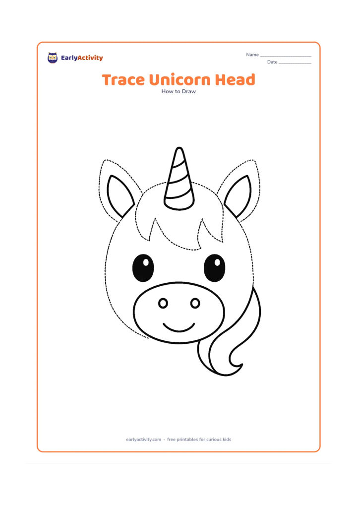 Worksheet: A large front-facing unicorn head made from very simple circles and curved outlines, with oversized ears, a small horn, two large eyes and a flowing mane. Use faint dotted tracing lines…
