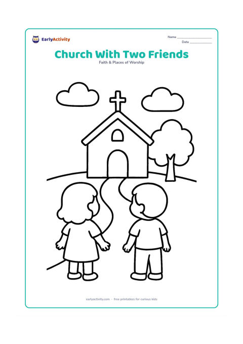 Colouring page: Two children stand together outside a small church and look toward its front door, with a broad path, two clouds, a tree, and a cross on the roof.