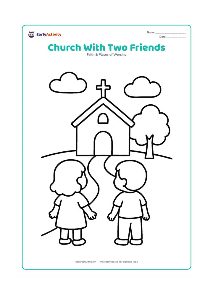 Colouring page: Two children stand together outside a small church and look toward its front door, with a broad path, two clouds, a tree, and a cross on the roof.