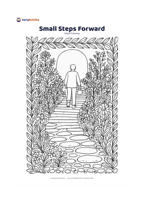 Colouring page: A person walks up a gently curving garden staircase, carrying a small watering can, with stepping stones, flowering plants and a bright opening at the top. Frame the composition with…