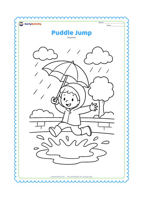 Colouring page: A child jumps over a broad puddle with both feet lifted, holding an umbrella tilted above one shoulder. Show splash arcs, a low wall, a tree and rain clouds behind the child.