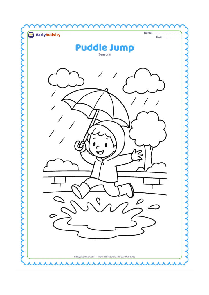 Colouring page: A child jumps over a broad puddle with both feet lifted, holding an umbrella tilted above one shoulder. Show splash arcs, a low wall, a tree and rain clouds behind the child.