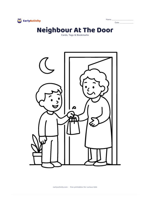 Worksheet: A child offers a small gift bag to a smiling neighbour at a home doorway, with a potted plant and crescent moon decoration nearby. Include a blank door panel or side space for a personal…