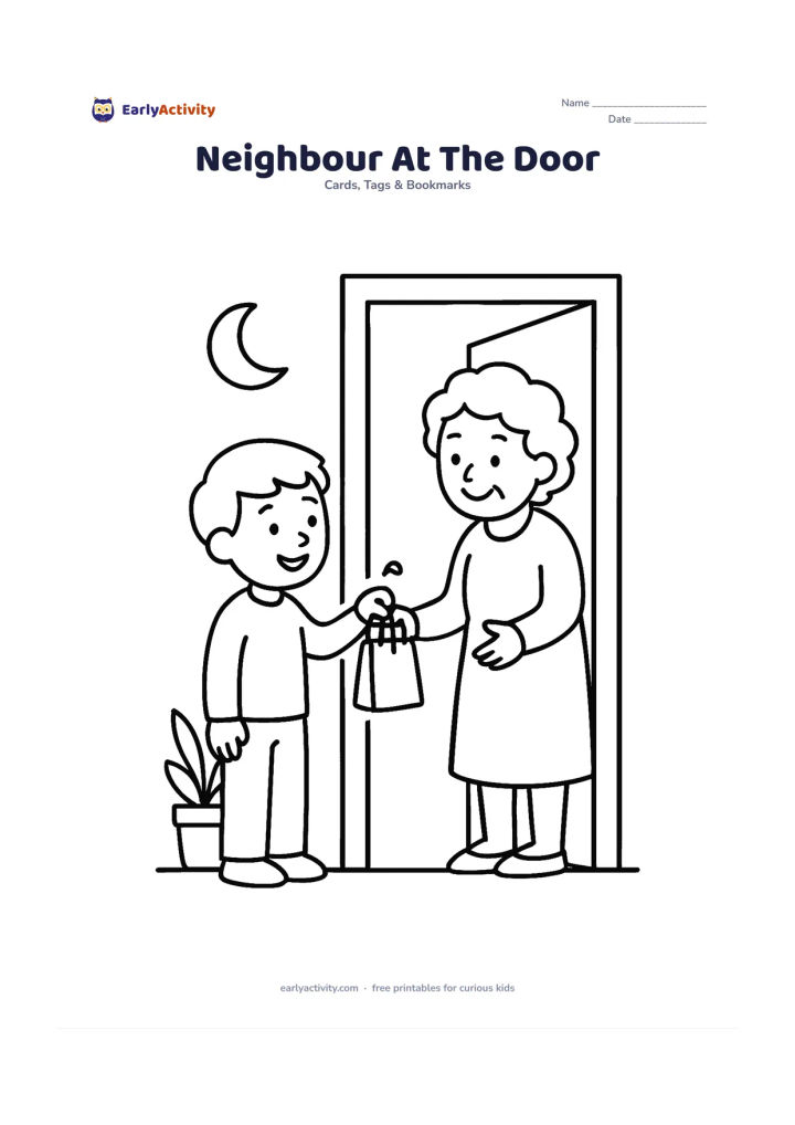 Worksheet: A child offers a small gift bag to a smiling neighbour at a home doorway, with a potted plant and crescent moon decoration nearby. Include a blank door panel or side space for a personal…