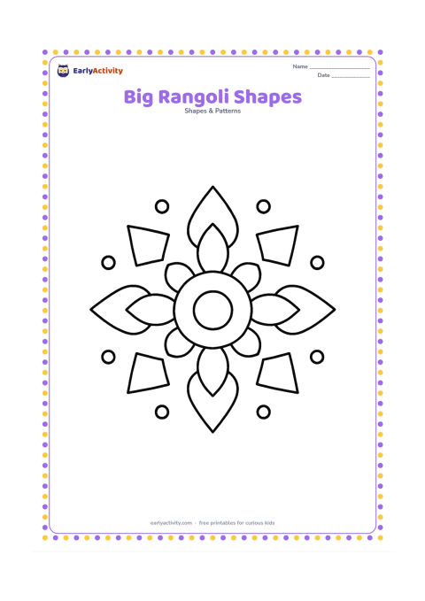 Colouring page: Draw a simple Indian rangoli made from large circles, diamonds, triangles, and curved petal shapes arranged symmetrically around a central circle. Place it on a plain floor with only a…