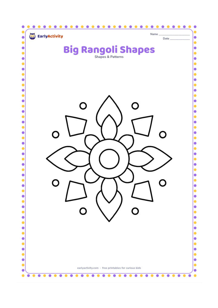Colouring page: Draw a simple Indian rangoli made from large circles, diamonds, triangles, and curved petal shapes arranged symmetrically around a central circle. Place it on a plain floor with only a…