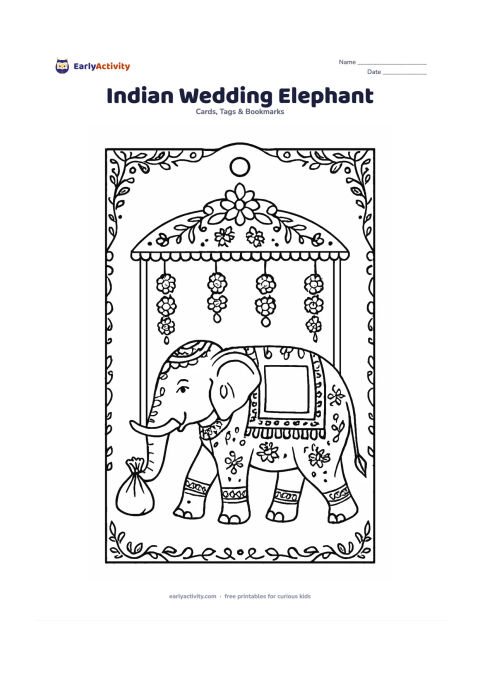 Worksheet: Draw a decorated elephant-shaped gift tag walking beneath a simple floral canopy, carrying a small cloth bundle, with hanging marigold garlands and a blank panel on its side. Add a…