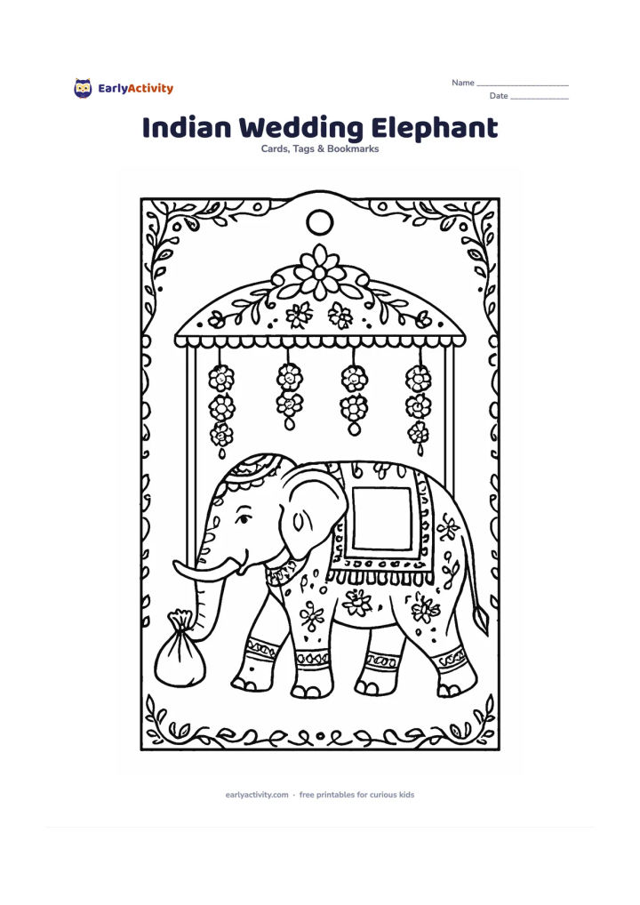 Worksheet: Draw a decorated elephant-shaped gift tag walking beneath a simple floral canopy, carrying a small cloth bundle, with hanging marigold garlands and a blank panel on its side. Add a…