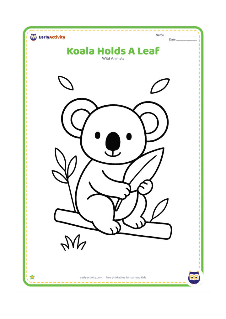 Colouring page: A friendly koala sits upright on a low eucalyptus branch, holding one large eucalyptus leaf with both paws. Include a few simple leaves, a small patch of grass and open sky around the…