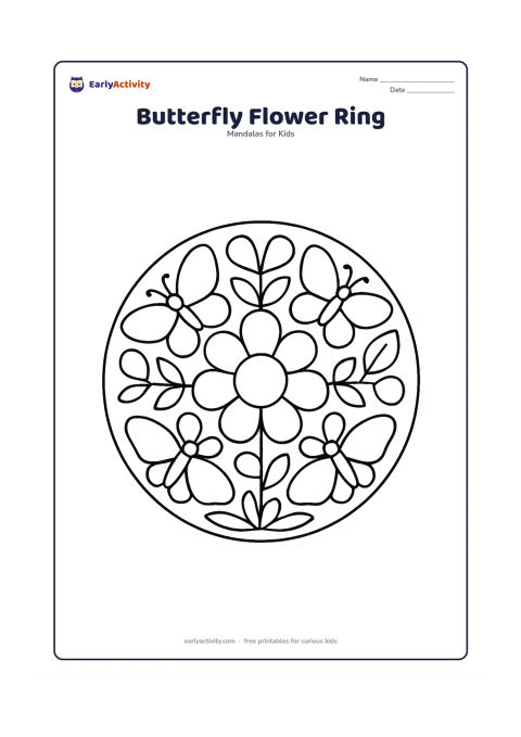 Colouring page: A simple circular mandala with a big central flower and four large butterflies placed evenly between the outer petals. Add broad leaves and rounded buds to fill the circle.
