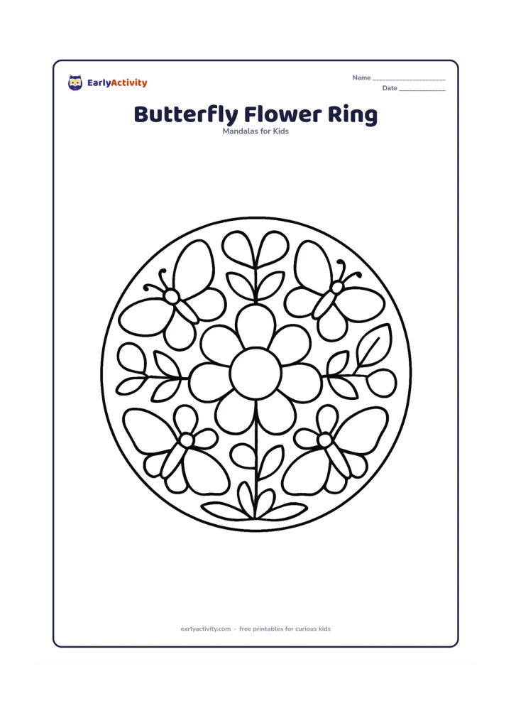 Colouring page: A simple circular mandala with a big central flower and four large butterflies placed evenly between the outer petals. Add broad leaves and rounded buds to fill the circle.