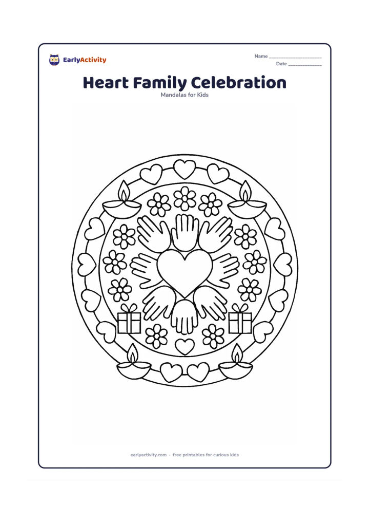 Colouring page: Draw a detailed mandala with a central heart surrounded by repeating pairs of hands, flower garlands, gifts, diyas, and linked hearts, suggesting a warm family celebration. Balance the…