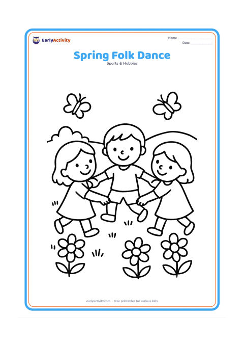 Colouring page: Draw three children making a simple circle dance in a spring meadow, with arms extended toward one another. Add large flowers, butterflies and a low hill behind them.