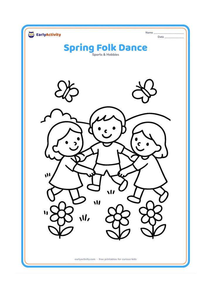 Colouring page: Draw three children making a simple circle dance in a spring meadow, with arms extended toward one another. Add large flowers, butterflies and a low hill behind them.