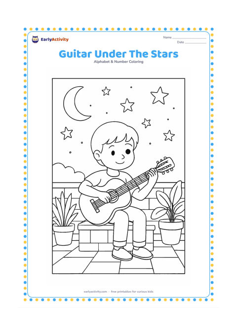 Colouring page: A child sits with a guitar on a rooftop terrace at night, with potted plants, a low wall, a crescent moon, and a sky filled with large stars. No musical notes or writing should appear.