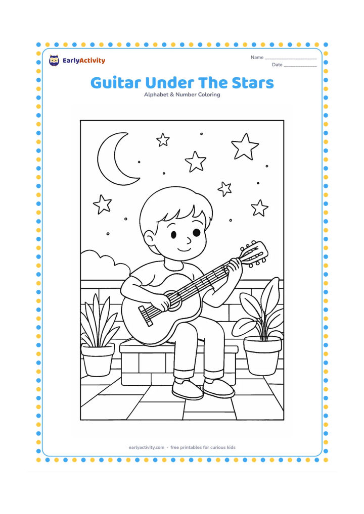 Colouring page: A child sits with a guitar on a rooftop terrace at night, with potted plants, a low wall, a crescent moon, and a sky filled with large stars. No musical notes or writing should appear.