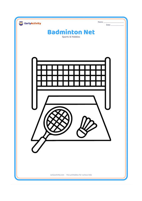 Colouring page: Draw a simple badminton net stretching across the page between two posts, with one racket and one shuttlecock in front. Include a broad rectangular court area behind the net.