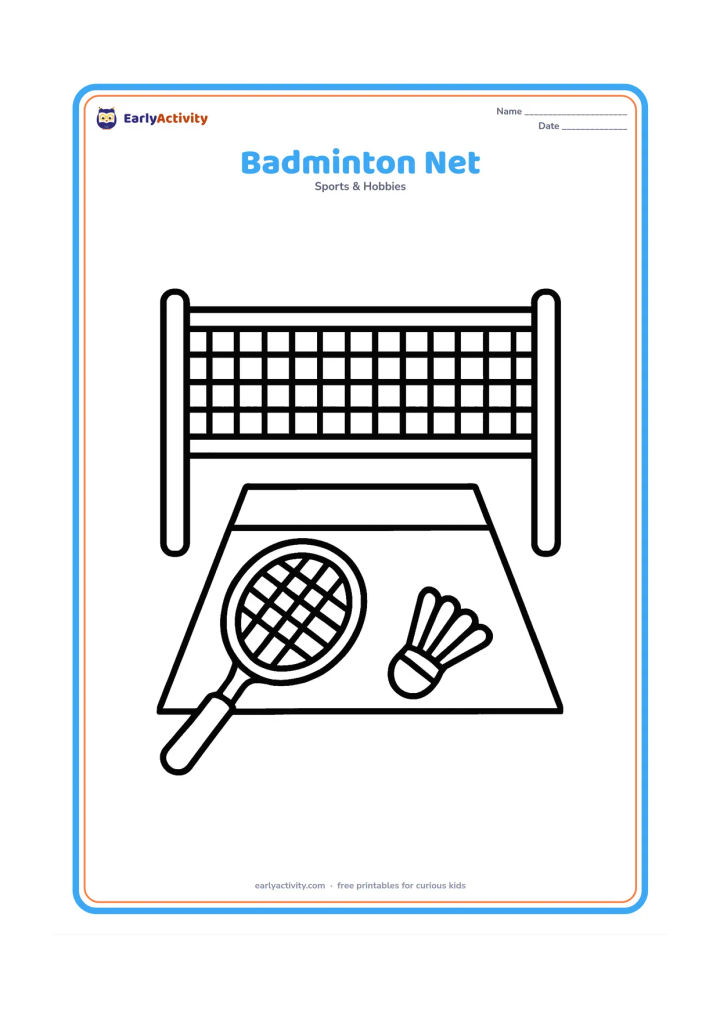 Colouring page: Draw a simple badminton net stretching across the page between two posts, with one racket and one shuttlecock in front. Include a broad rectangular court area behind the net.