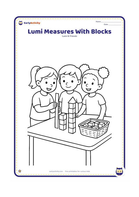 Colouring page: Lumi and two classmates compare the heights of two block towers using a straight strip of paper as a measuring guide. Place the activity on a classroom table with a basket of blocks nearby.