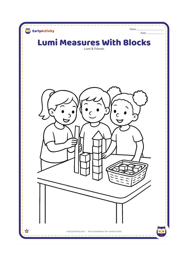 Colouring page: Lumi and two classmates compare the heights of two block towers using a straight strip of paper as a measuring guide. Place the activity on a classroom table with a basket of blocks nearby.