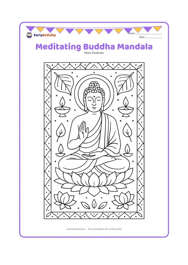 Colouring page: Place a calm seated Buddha at the centre of a circular arrangement of lotus petals, Bodhi leaves, oil lamps and gentle geometric borders. Keep the design symmetrical around the figure…