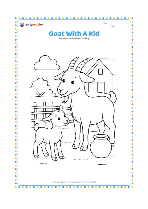 Colouring page: An adult goat and a smaller kid stand together in a village courtyard beside a low woven fence and a clay water pot. Give both animals friendly, relaxed poses.