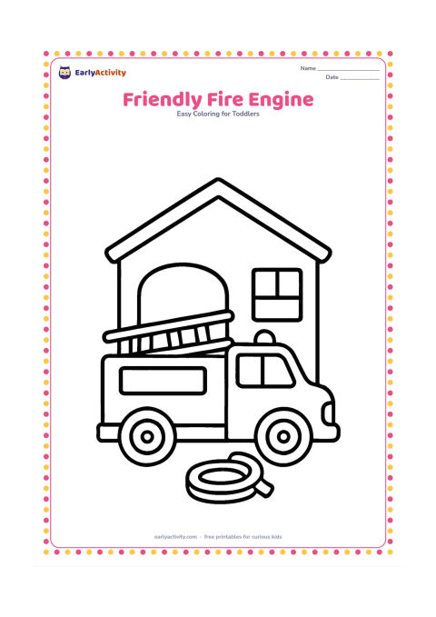 Colouring page: Draw a fire engine parked outside a simple fire station, with a ladder lying safely along its top and one large hose coil beside it. Do not add badges, labels or numbers.