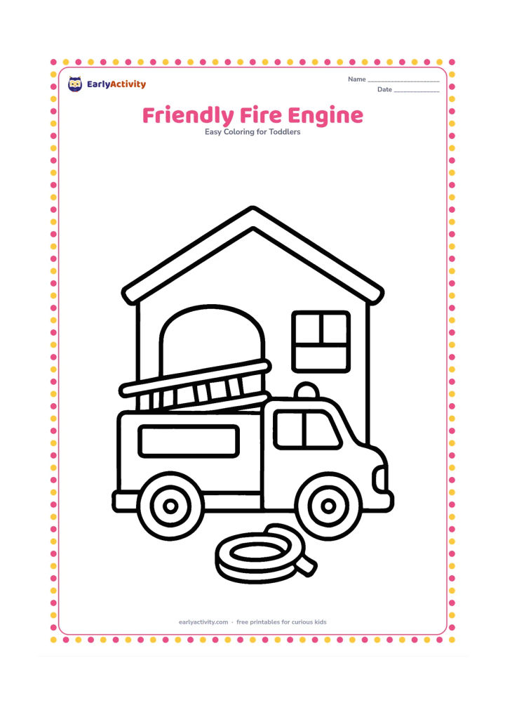 Colouring page: Draw a fire engine parked outside a simple fire station, with a ladder lying safely along its top and one large hose coil beside it. Do not add badges, labels or numbers.
