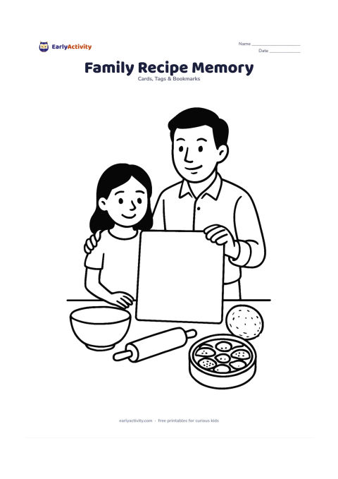Worksheet: Draw a father and child standing at a kitchen table with a large blank recipe card, a mixing bowl, rolling pin and familiar Indian ingredients such as a spice box and coconut. The card…
