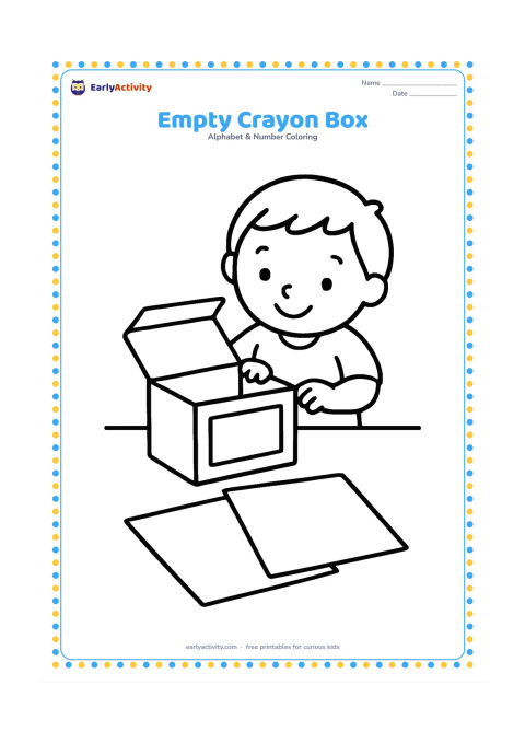 Colouring page: Draw an open crayon box with no crayons inside, tipped slightly toward the viewer, beside a few large blank sheets of paper. Add a smiling child looking into the empty box.