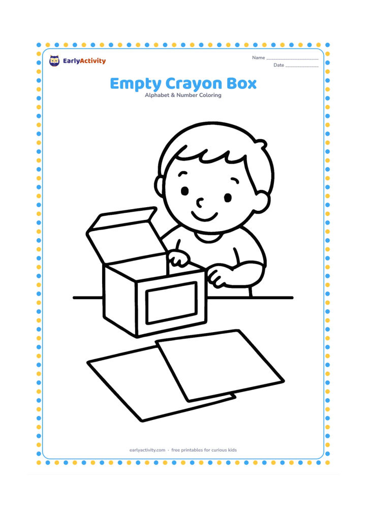 Colouring page: Draw an open crayon box with no crayons inside, tipped slightly toward the viewer, beside a few large blank sheets of paper. Add a smiling child looking into the empty box.