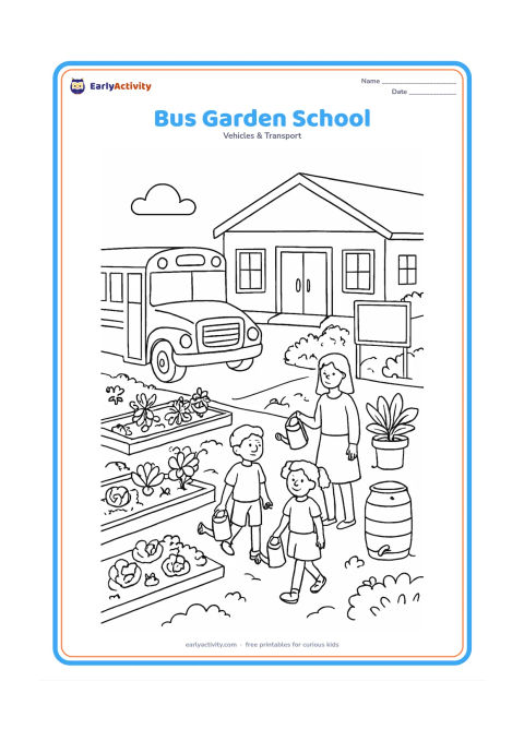 Colouring page: Draw a school bus parked beside a garden-based school with vegetable beds, potted plants, a compost bin, a rainwater barrel, a teacher, and children carrying small watering cans. Include…