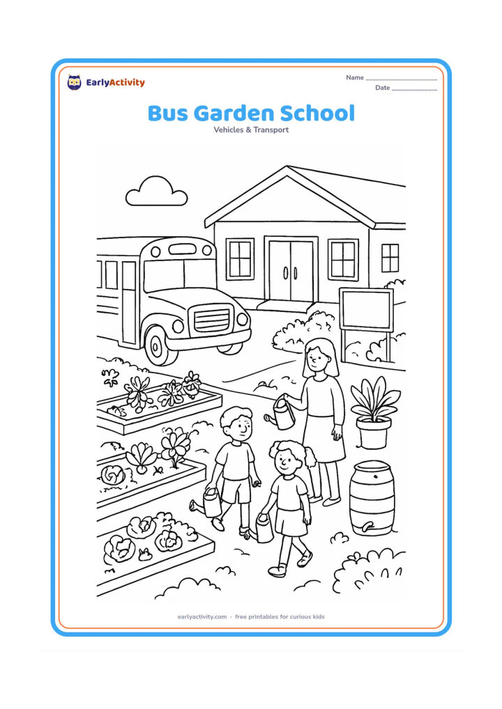 Colouring page: Draw a school bus parked beside a garden-based school with vegetable beds, potted plants, a compost bin, a rainwater barrel, a teacher, and children carrying small watering cans. Include…