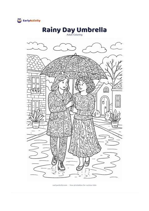 Colouring page: Show two friends walking together under a large umbrella on a quiet street after rain. Include puddles reflecting simple trees, potted plants outside homes, and a gentle cloudy sky.